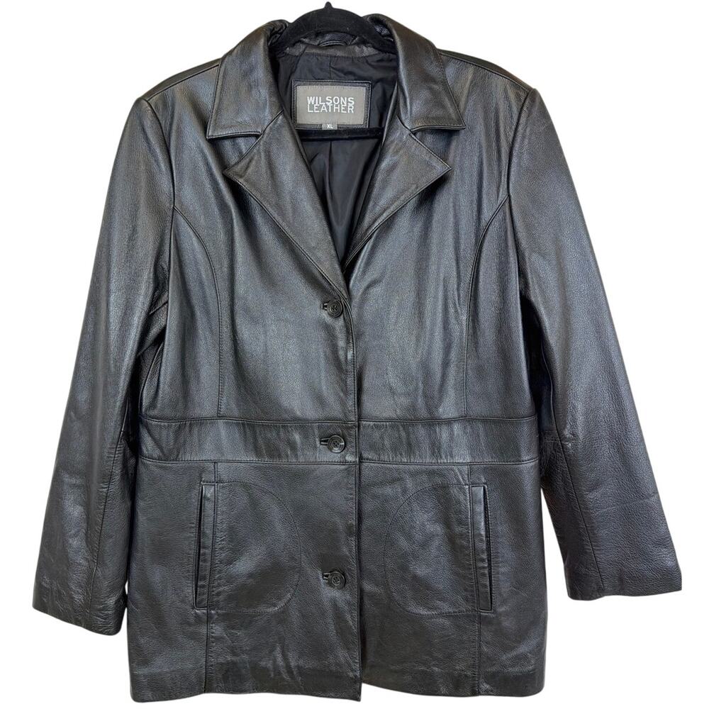 Wilsons Leather Black 3 Button Panel Detail Lined Jacket Coat Plus Size XL